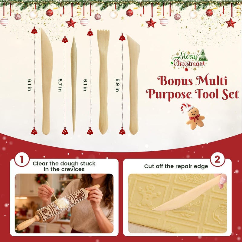 GOBAM Embossed Rolling Pin for Cookies, Engraved Wooden Rolling Pin for Baking, Deep Pattern Cookie Roller for Christmas, Holiday, DIY Kitchen Decor and Gift - Christmas Classic - Image 5